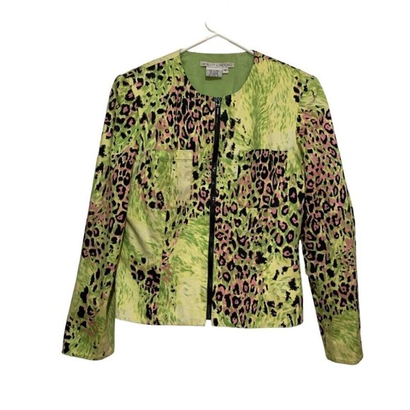 Vintage 80s/90s Cropped Moto Jacket Lime Leopard Print Maggy London - Picture 1 of 5